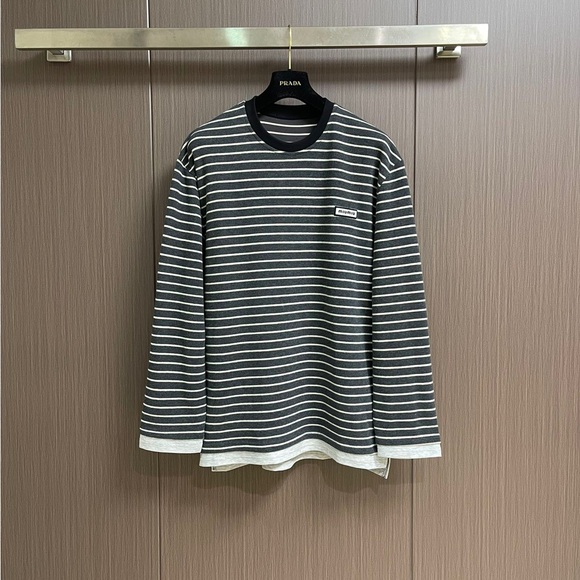 Miu Miu Men's Gray and White Striped Long Sleeve Tee women - Picture 1 of 9